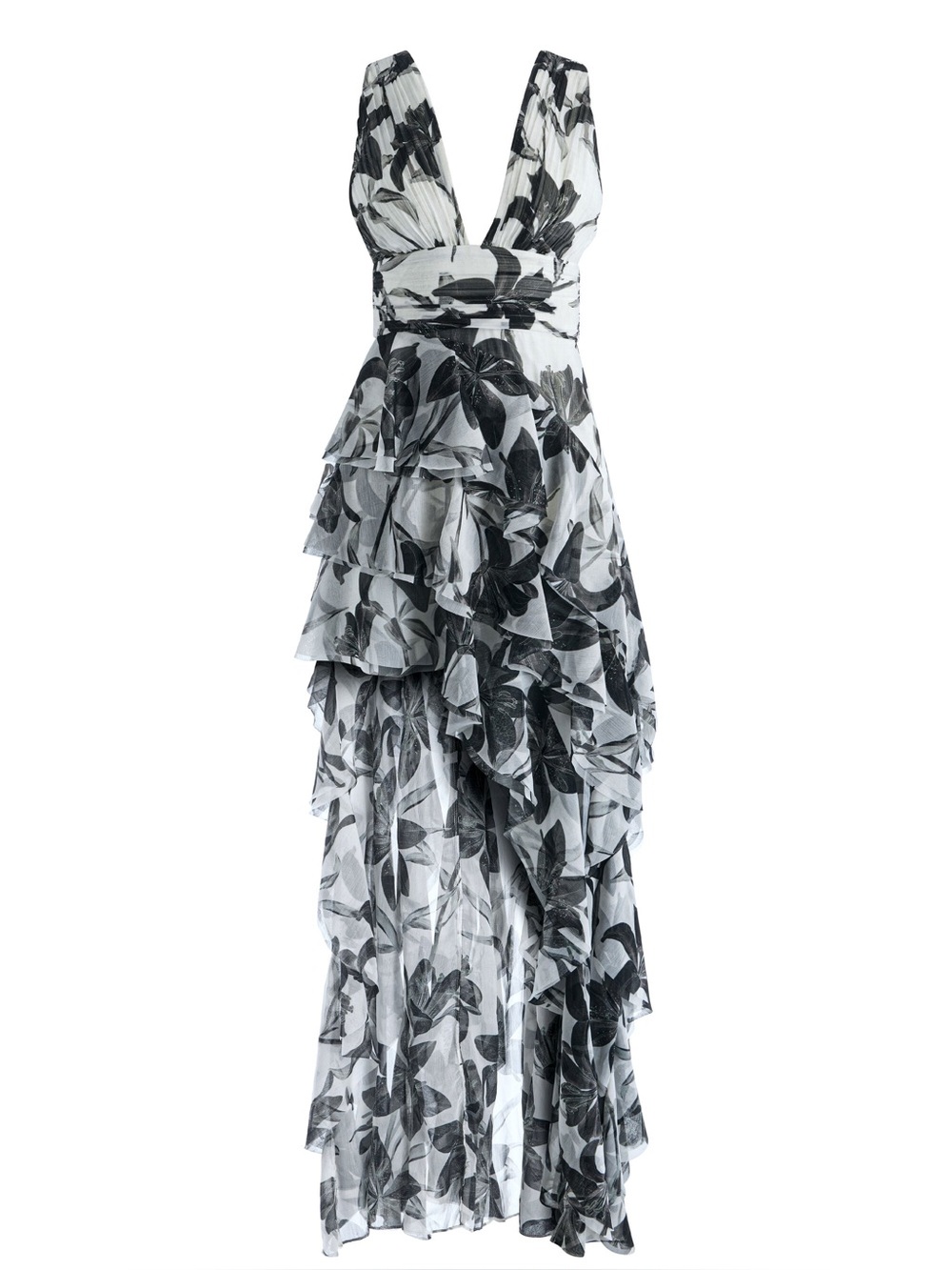 Alice and Olivia Holly Low Neck Asymmetric Ruffled Maxi Dress